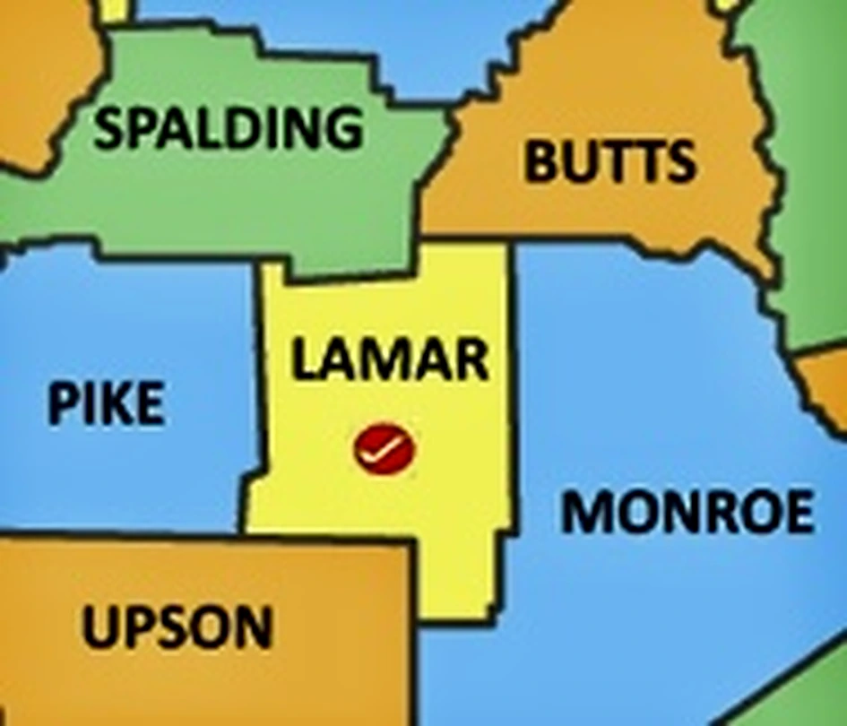 Middle Georgia service area map highlighting Lamar, Pike, Spalding, Butts, Monroe, and Upson counties.